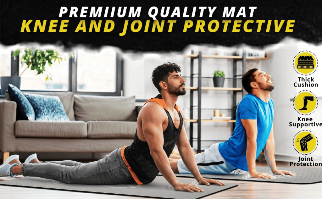Two men performing cobra stretches on thick, premium quality Rigid Fitness mats featuring thick cushion, knee support, and joint protection icons.