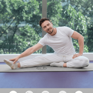 A smiling man in white athletic apparel performing a side stretch on a grey Rigid Fitness mat with icons highlighting soft, anti-slip, resilient, waterproof, and odorless features.