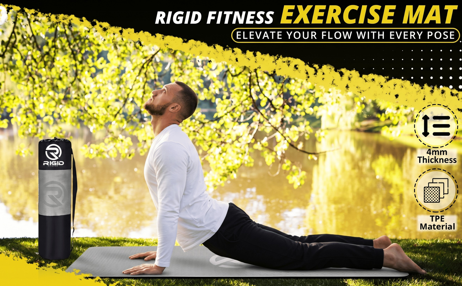 A man practicing a cobra yoga pose on a grey Rigid Fitness TPE exercise mat in a park setting, next to a branded carrying bag.