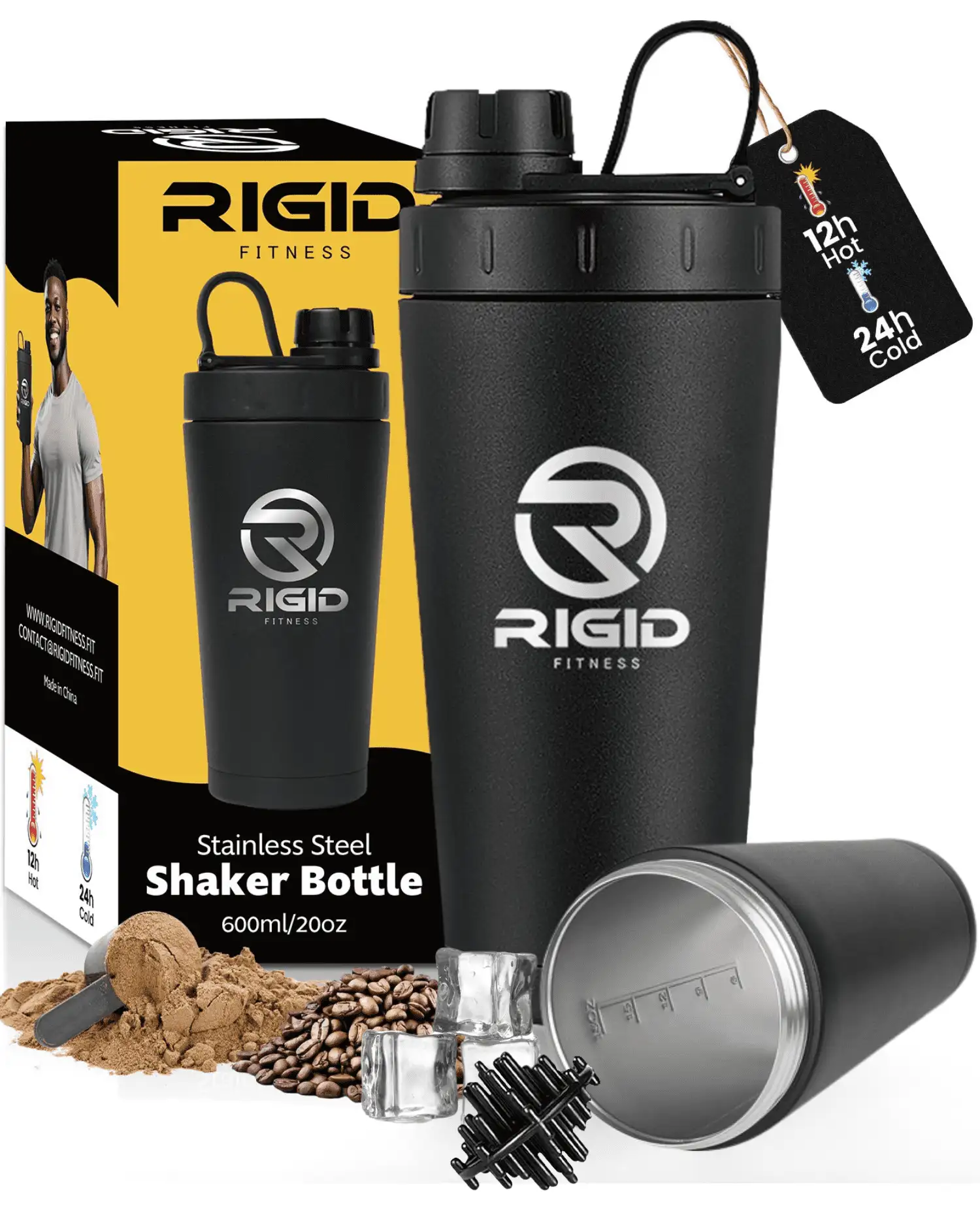 Elite Stainless Steel Protein Shaker Bottle-600ml Leakproof, BPA-Free with Blender Ball & Internal Measurement Lines