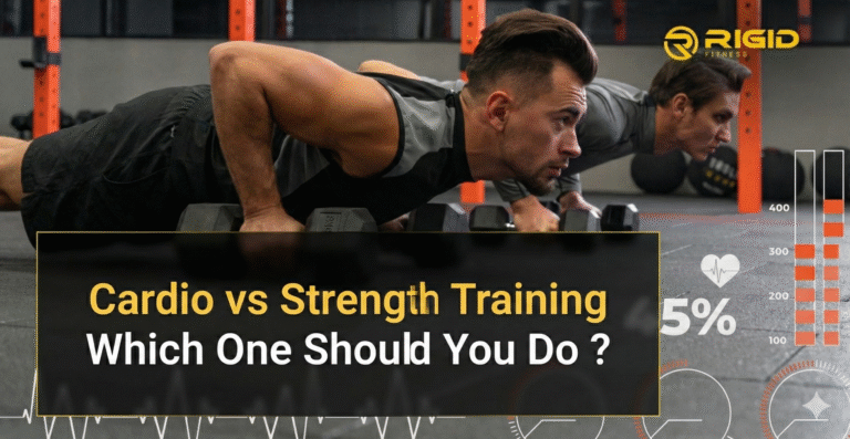 Two men performing dumbbell push-ups in a gym setting for a Cardio vs Strength Training comparison.