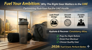 Athlete holding the best blender bottle for protein shakes after a workout in the UAE.