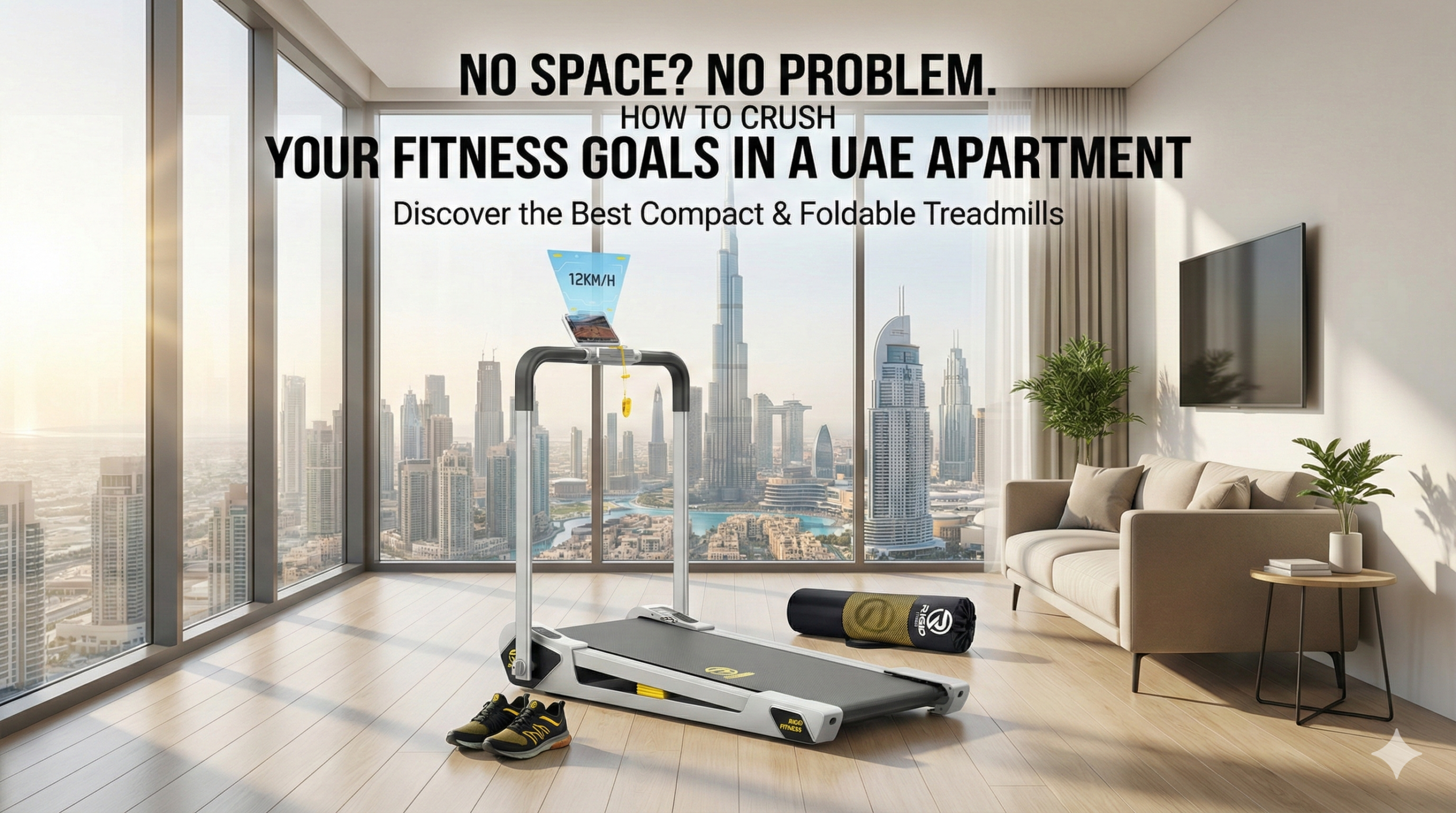 A modern, compact foldable treadmill set up in a sunlit Dubai high-rise apartment living room with a panoramic city view including the Burj Khalifa. A yoga mat and running shoes are placed beside the treadmill, with the text "NO SPACE? NO PROBLEM. HOW TO CRUSH YOUR FITNESS GOALS IN A UAE APARTMENT" overlaid above.