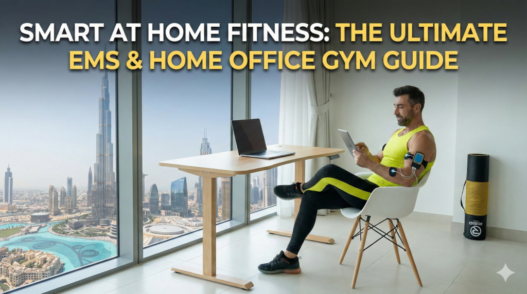 Man using a Rigid Fitness EMS muscle stimulator on his arm while working at a standing desk in a modern Dubai apartment with a skyline view. Text overlay reads "SMART AT HOME FITNESS: THE ULTIMATE EMS & HOME OFFICE GYM GUIDE". Background features a yoga mat, illustrating a productive home workout gym setup.