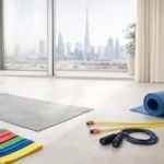 Home workout using resistance bands, power bands, skipping rope, and exercise mat in a small indoor space