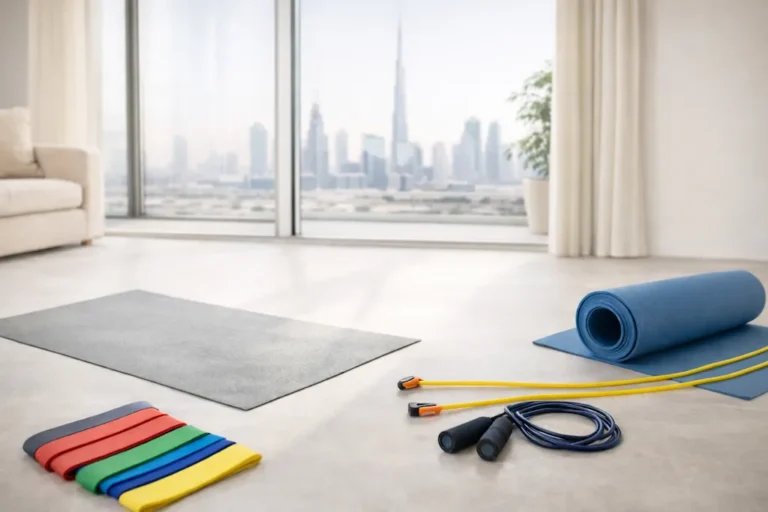 Home workout using resistance bands, power bands, skipping rope, and exercise mat in a small indoor space