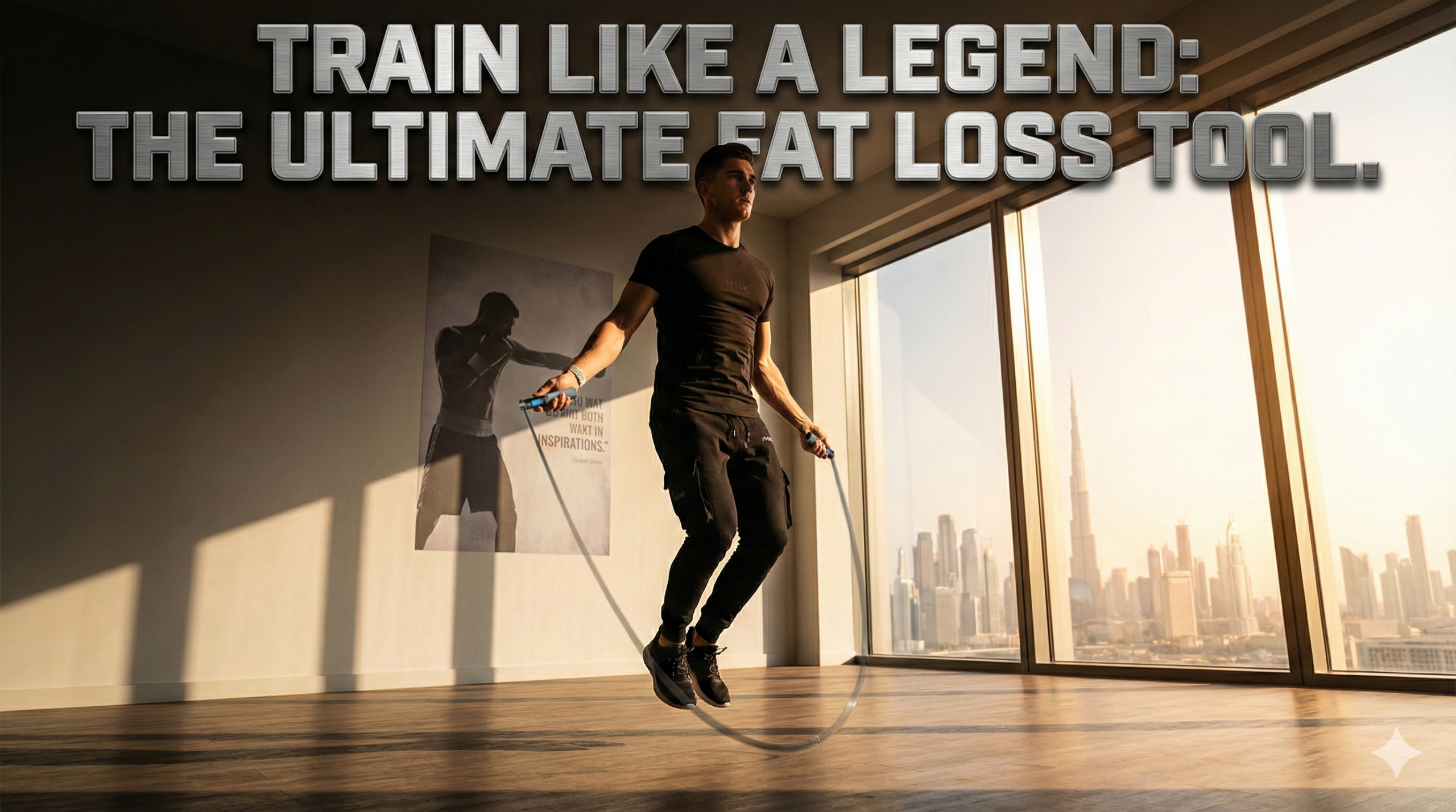 A fit man in black workout gear is mid-air jumping rope in a modern, sunlit gym with a large window overlooking a city skyline. The text "TRAIN LIKE A LEGEND: THE ULTIMATE FAT LOSS TOOL." is displayed at the top. A poster of boxer Muhammad Ali is visible on the wall.