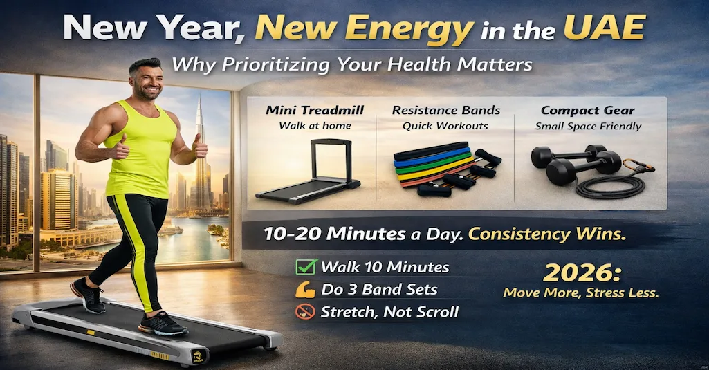 New year home fitness routine in the UAE using a mini treadmill and resistance bands