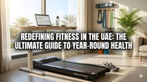 A blog cover image showing a Rigid Fitness walking pad under a standing desk with a laptop in a sunlit home office, with yoga equipment in the background and the text "REDEFINING FITNESS IN THE UAE: THE ULTIMATE GUIDE TO YEAR-ROUND HEALTH" overlaid.