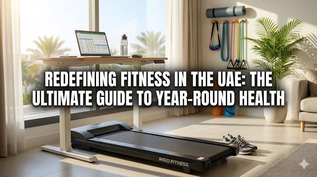 A blog cover image showing a Rigid Fitness walking pad under a standing desk with a laptop in a sunlit home office, with yoga equipment in the background and the text "REDEFINING FITNESS IN THE UAE: THE ULTIMATE GUIDE TO YEAR-ROUND HEALTH" overlaid.