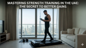 A person combining strength training lifestyle with active recovery walking on a mini treadmill in a UAE home gym.