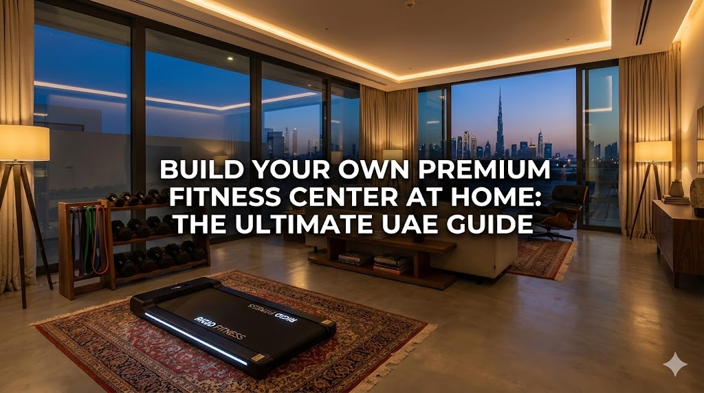 A luxury home gym setup in a Dubai apartment featuring a sleek Rigid Fitness treadmill and resistance equipment, overlooking a city skyline.