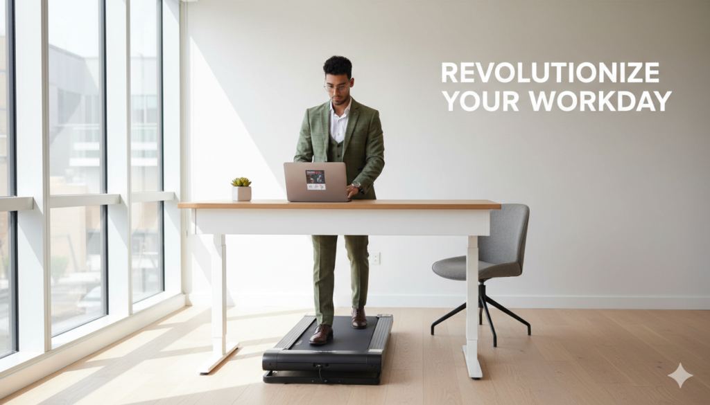 Modern home office featuring a walking desk setup with an under desk treadmill, maximizing productivity and health while working.