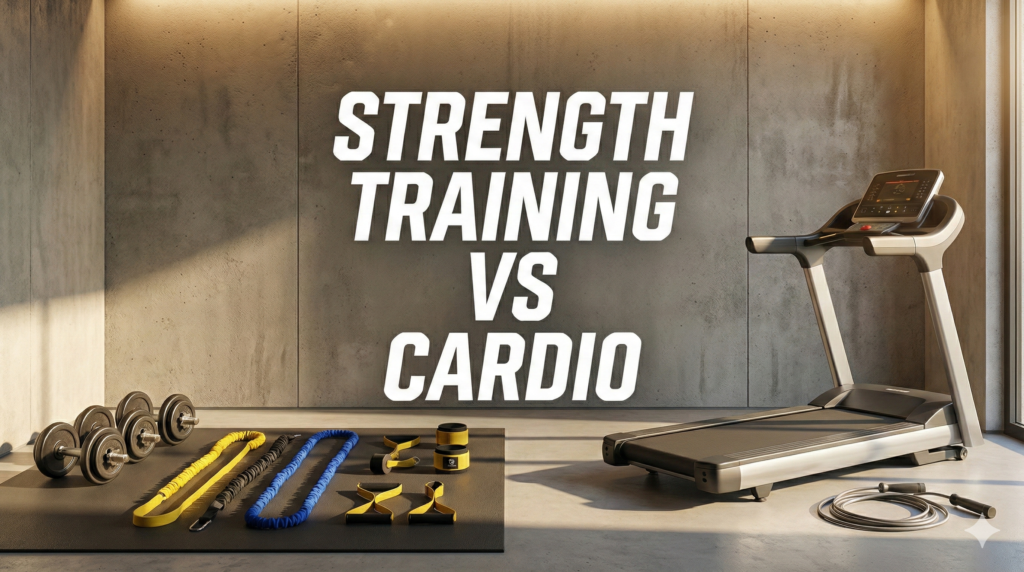 Comparison of fitness equipment including resistance bands and cardio gear, illustrating the balance between strength training and cardio exercises.