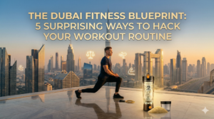 A fit man, wearing a dark t-shirt and pants from Image 2, is in a graceful, controlled profile lunge pose on a reflective modern rooftop at golden hour, overlooking the Dubai skyline with Burj Khalifa. The RIGID electric protein shaker bottle (with corrected text), protein powder, and cup from Image 1 are in the foreground, subtly integrated and shimmering. Floating stylistically over the city is the gold title text: 'THE DUBAI FITNESS BLUEPRINT: 5 SURPRISING WAYS TO HACK YOUR WORKOUT ROUTINE'. Small glowing icons for balance, breath, and strength are scattered in the background, creating an inspiring and high-end aesthetic.