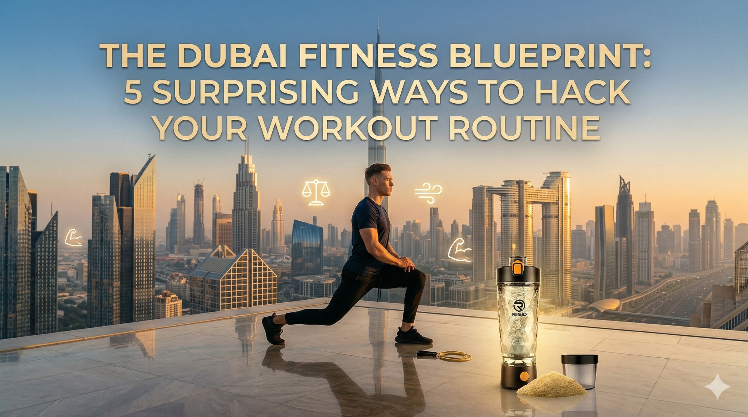 A fit man, wearing a dark t-shirt and pants from Image 2, is in a graceful, controlled profile lunge pose on a reflective modern rooftop at golden hour, overlooking the Dubai skyline with Burj Khalifa. The RIGID electric protein shaker bottle (with corrected text), protein powder, and cup from Image 1 are in the foreground, subtly integrated and shimmering. Floating stylistically over the city is the gold title text: 'THE DUBAI FITNESS BLUEPRINT: 5 SURPRISING WAYS TO HACK YOUR WORKOUT ROUTINE'. Small glowing icons for balance, breath, and strength are scattered in the background, creating an inspiring and high-end aesthetic.