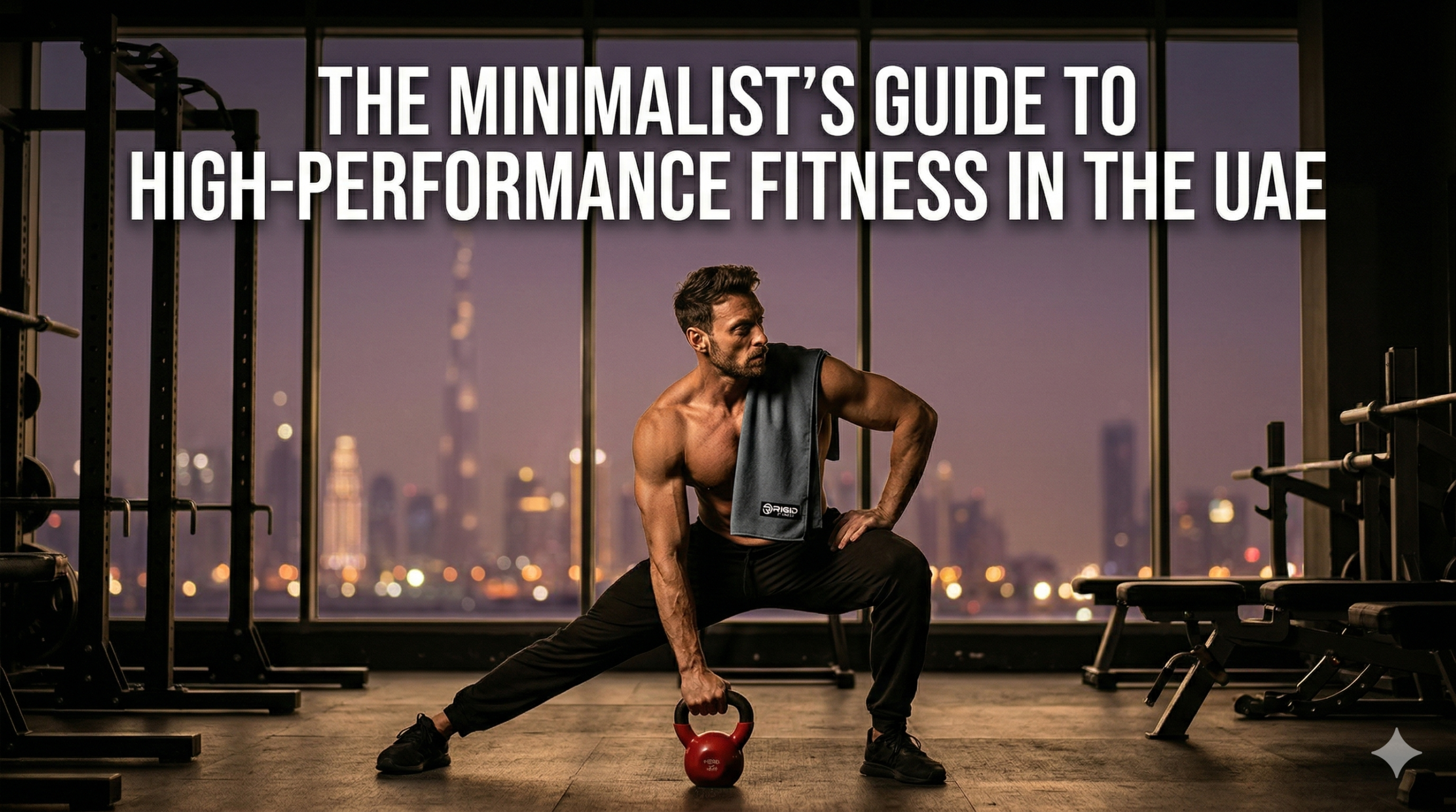 A cinematic shot of an athlete performing a lunges workout in an industrial Dubai gym, featuring a premium sports towel and a view of the city skyline.