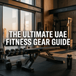 Premium fitness gear and strength equipment in a modern home gym overlooking Abu Dhabi.