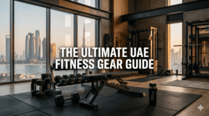 Premium fitness gear and strength equipment in a modern home gym overlooking Abu Dhabi.