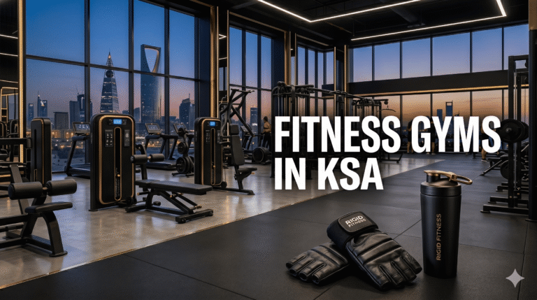 A cinematic landscape photograph of a state-of-the-art gym interior in Riyadh, KSA, with modern black and gold equipment, looking out over the city skyline at dusk, with gloves and a shaker bottle in the foreground and a white text overlay.