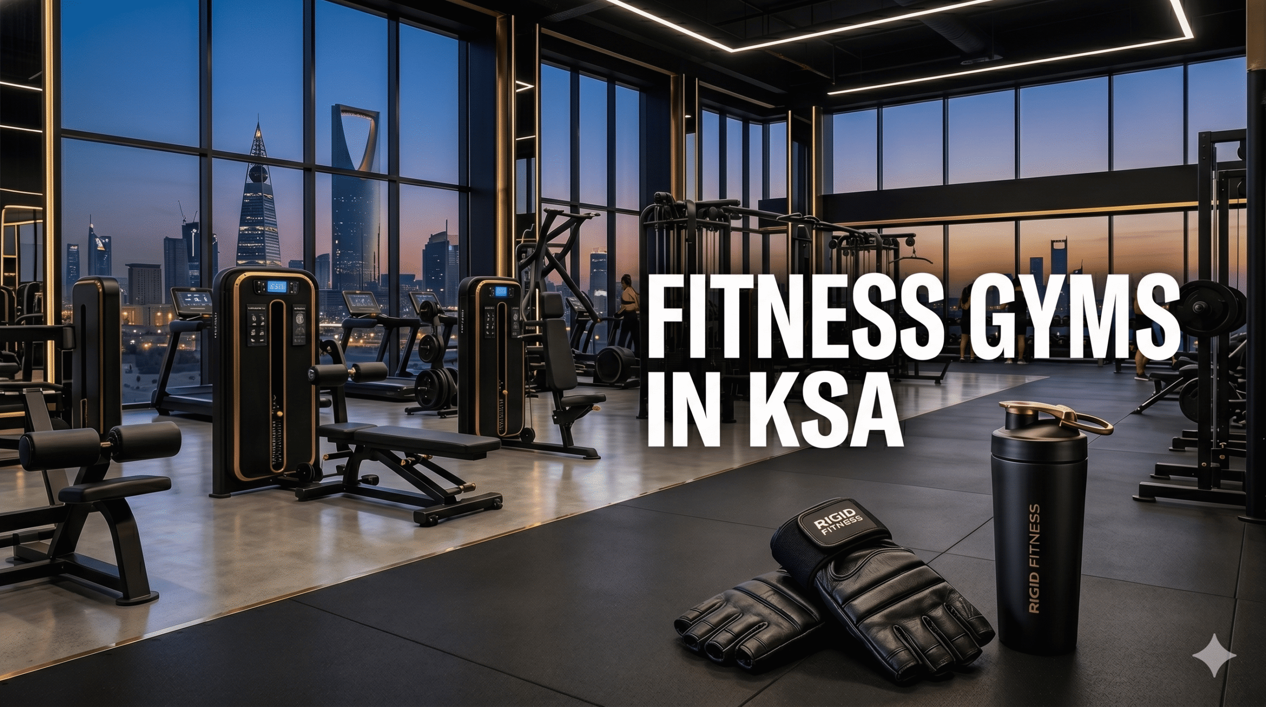 A cinematic landscape photograph of a state-of-the-art gym interior in Riyadh, KSA, with modern black and gold equipment, looking out over the city skyline at dusk, with gloves and a shaker bottle in the foreground and a white text overlay.