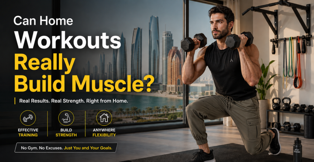 Man building muscle with home gym equipment in UAE apartment workout setup