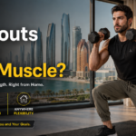 Man building muscle with home gym equipment in UAE apartment workout setup
