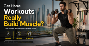 Man building muscle with home gym equipment in UAE apartment workout setup