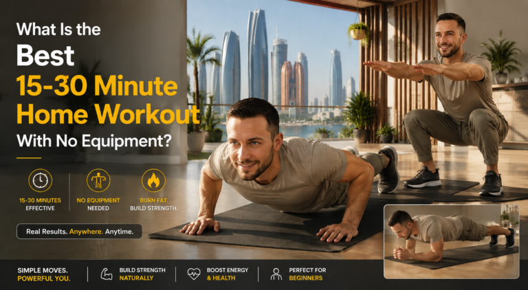 Man and woman doing no-equipment home workout inspired by outdoor gym fitness in UAE