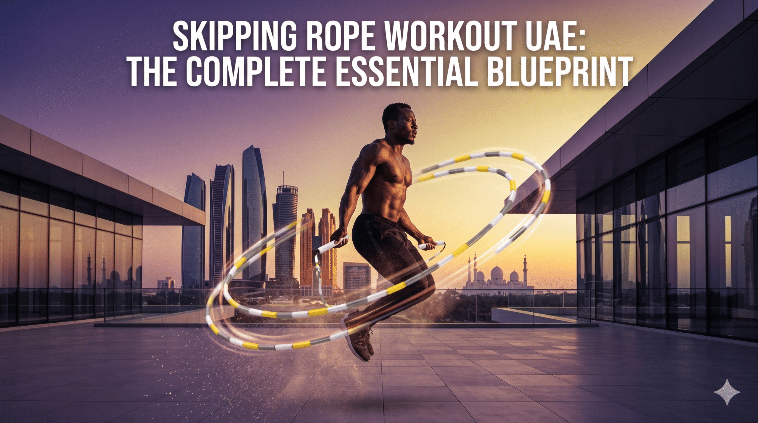 A fit athlete performing a rapid skipping rope workout on a modern rooftop overlooking the Abu Dhabi skyline at dusk.