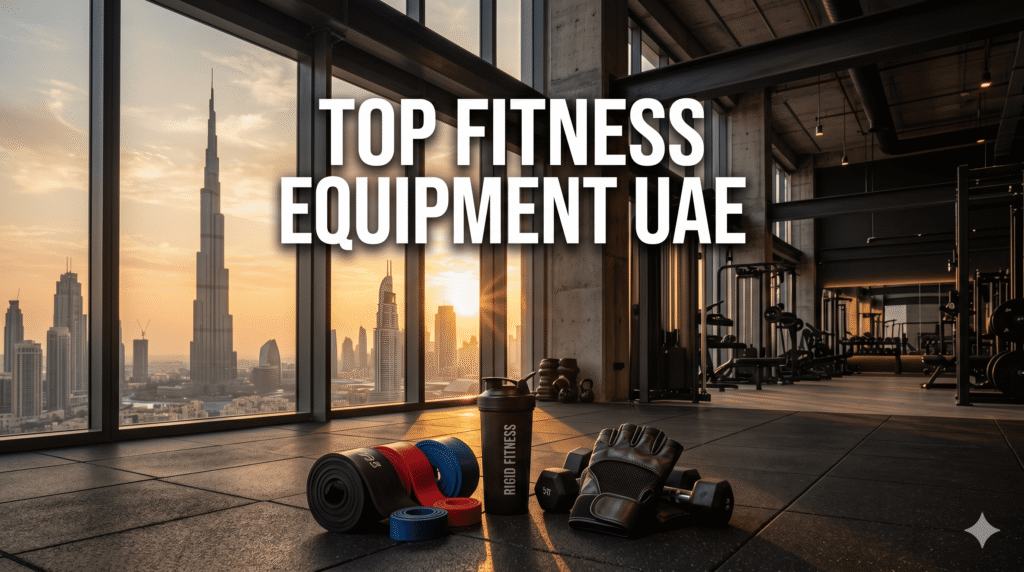 Premium fitness equipment and gym gear arranged in a luxury Dubai gym overlooking the city skyline.