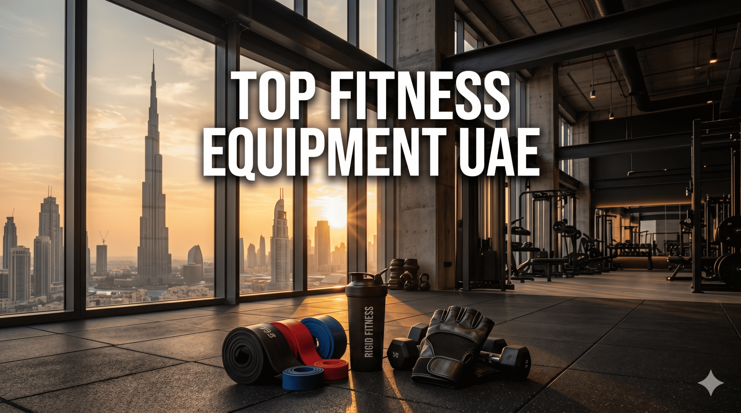 Premium fitness equipment and gym gear arranged in a luxury Dubai gym overlooking the city skyline.
