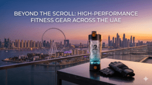 High-performance fitness gear including an electric protein shaker set against the Ain Dubai and Dubai Marina skyline at sunset.