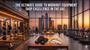 A premium workout equipment shop display in a modern Abu Dhabi gym, featuring professional fitness training gloves and high-end strength equipment.
