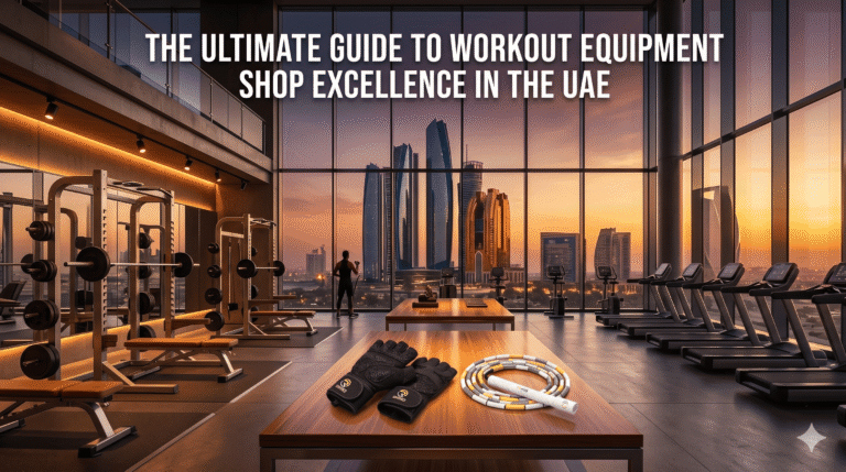 A premium workout equipment shop display in a modern Abu Dhabi gym, featuring professional fitness training gloves and high-end strength equipment.