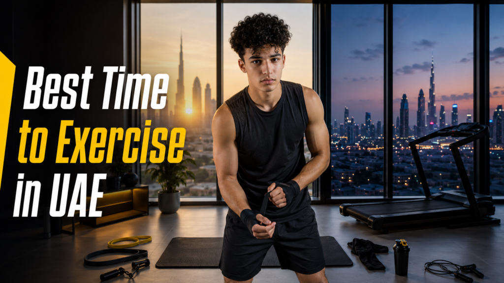Best time to exercise in UAE with indoor workout equipment and Dubai skyline