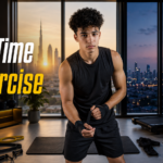 Best time to exercise in UAE with indoor workout equipment and Dubai skyline
