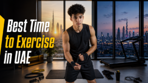 Best time to exercise in UAE with indoor workout equipment and Dubai skyline