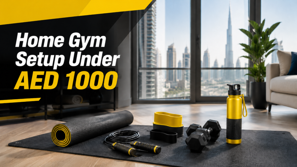 Home gym setup under AED 1000 with budget fitness equipment for a UAE apartment