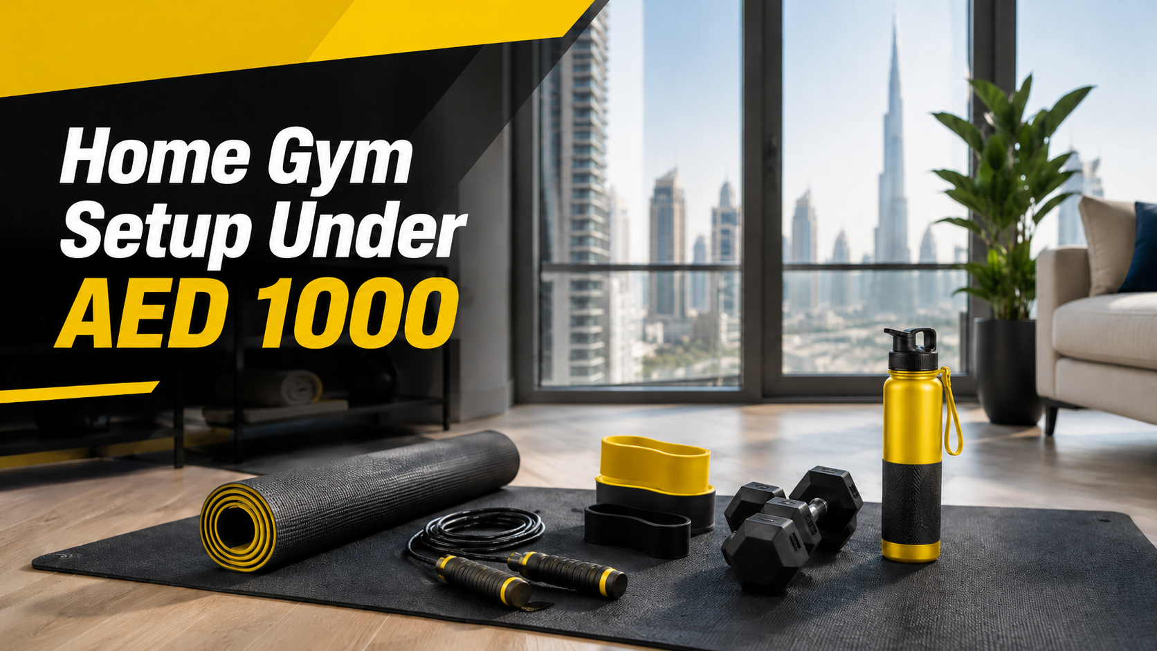 Home gym setup under AED 1000 with budget fitness equipment for a UAE apartment