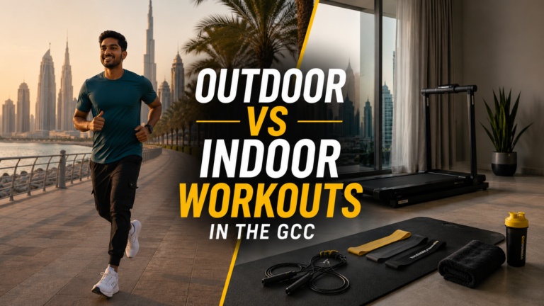 Outdoor vs indoor workouts in the GCC with outdoor running and indoor home gym equipment