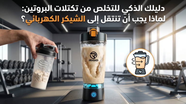 شيكر كهربائي يخلط البروتين بقوة ويحوله لقوام ناعم مثل عصير خلاط وبجانبه كوب تقليدي به تكتلات