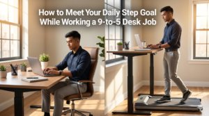 Person using an under-desk treadmill during a workday steps workout to meet their daily goal while working at a desk job.