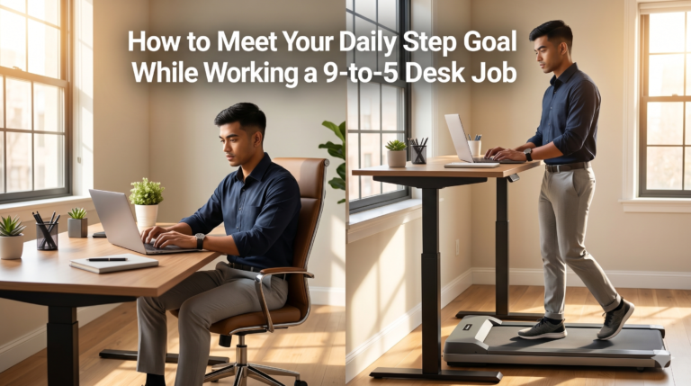 Person using an under-desk treadmill during a workday steps workout to meet their daily goal while working at a desk job.