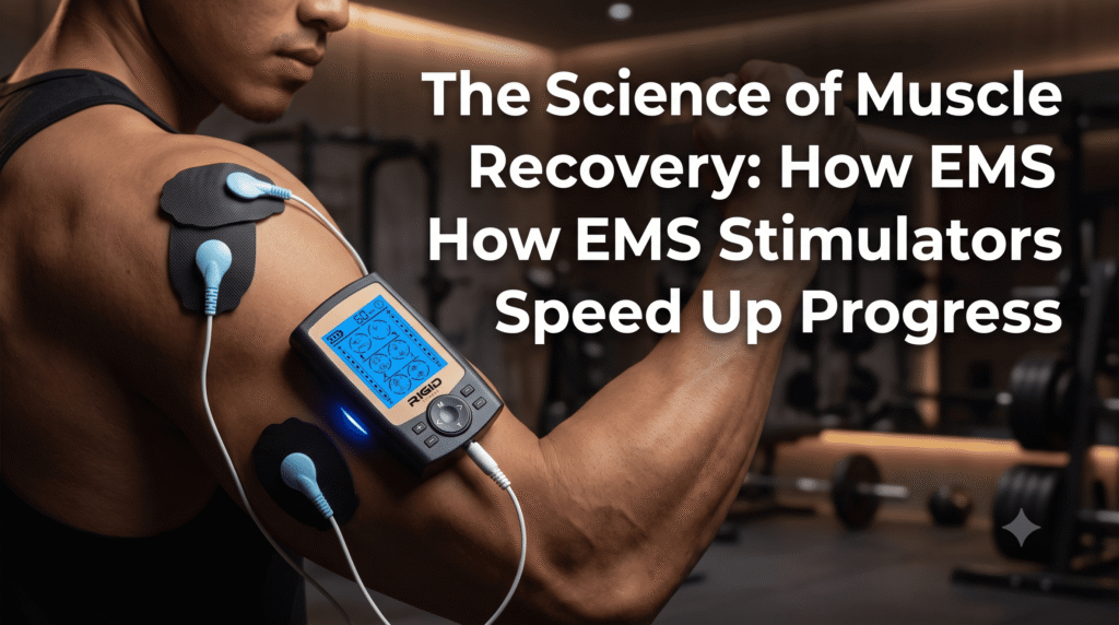 A close-up of a high-tech EMS muscle stimulator device active on an athlete's quadriceps for accelerated post-workout recovery.