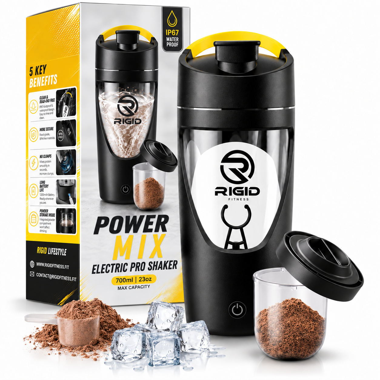 Electric Protein Shaker Bottle 700ml – USB Rechargeable & Leakproof | RIGID FITNESS